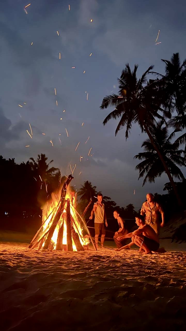 Вечеринка на пляже под большой костер