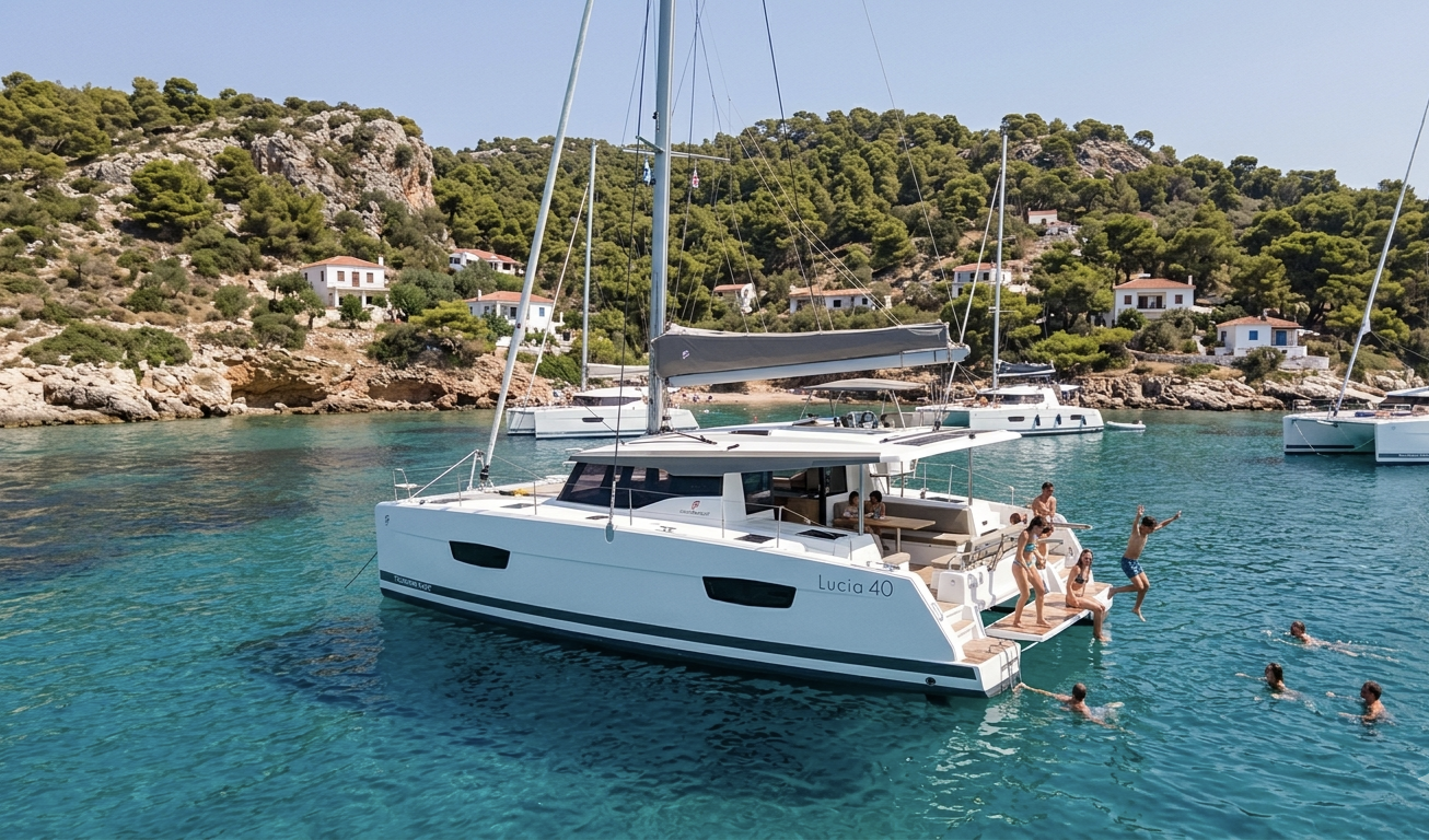 Острова Греции под парусами на катамаране