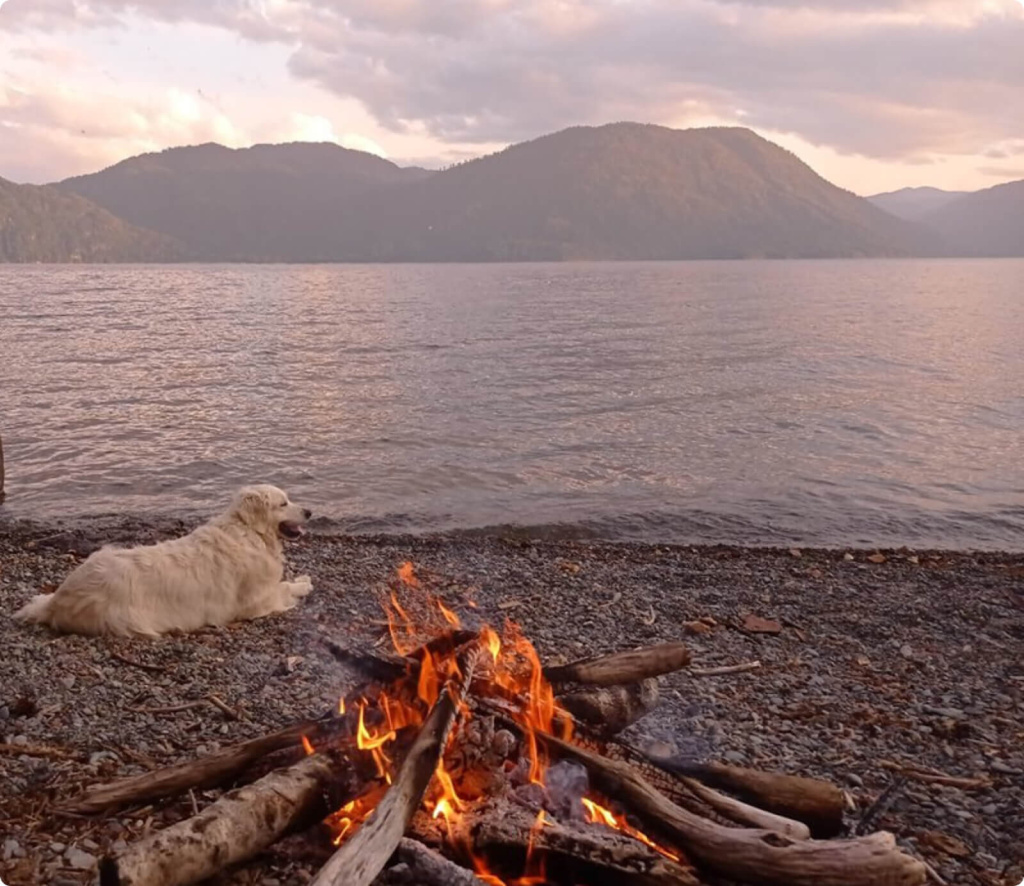 Костер, озеро и горы
