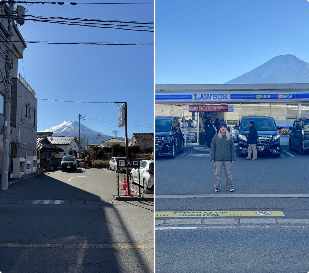 Здание, люди и гора