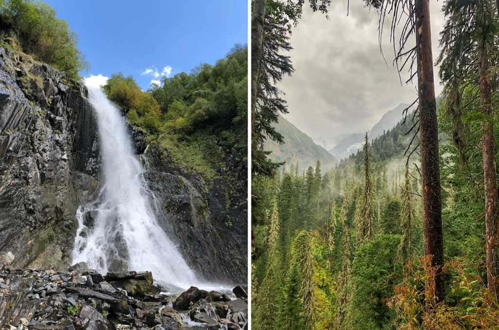 Горы, водопад и деревья
